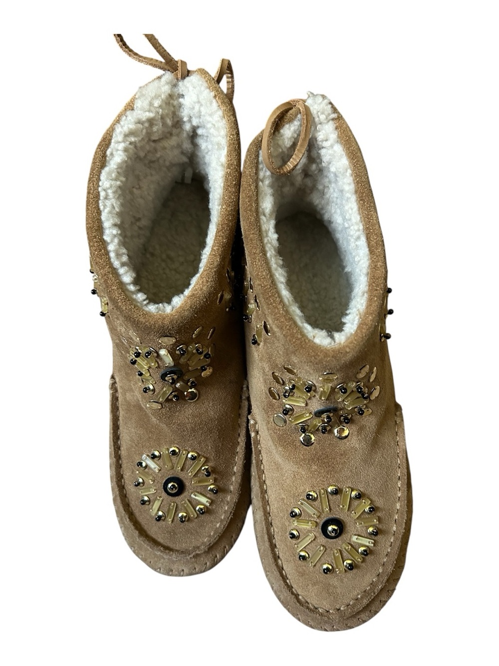 Tory Burch Embellished Suede Shearling Boots Camel Studded Moccasin Ankle Boots